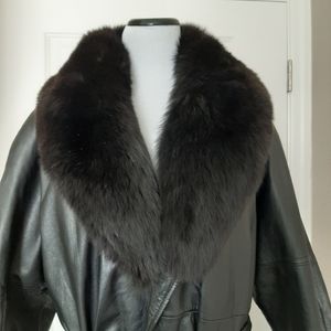 Full length black leather coat with fox collar